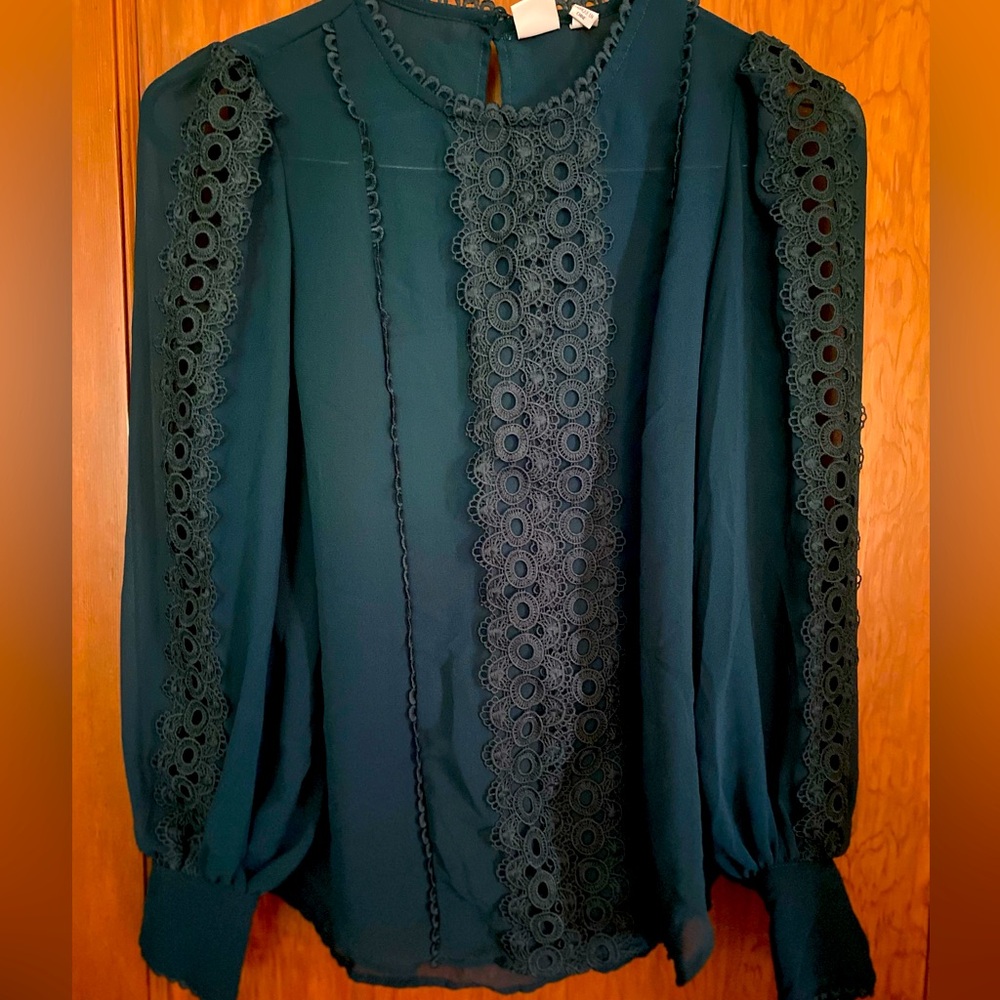 Joie longsleeve top. Embroidery details on bodice and sleeves. Turquoise. SizeXS